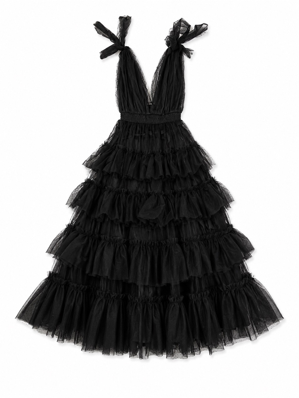 MABLE Black Tiered V-Neck Tulle Maxi Dress